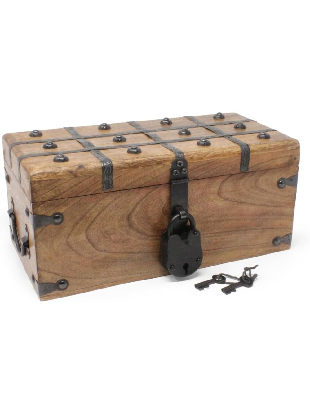 Treasure Chest Wooden Box with Antique Iron Lock and Skeleton Key (Medium
